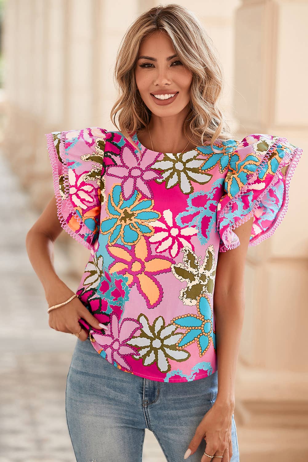 Multicolor Vibrant Floral Ruffle Sleeve Blouse