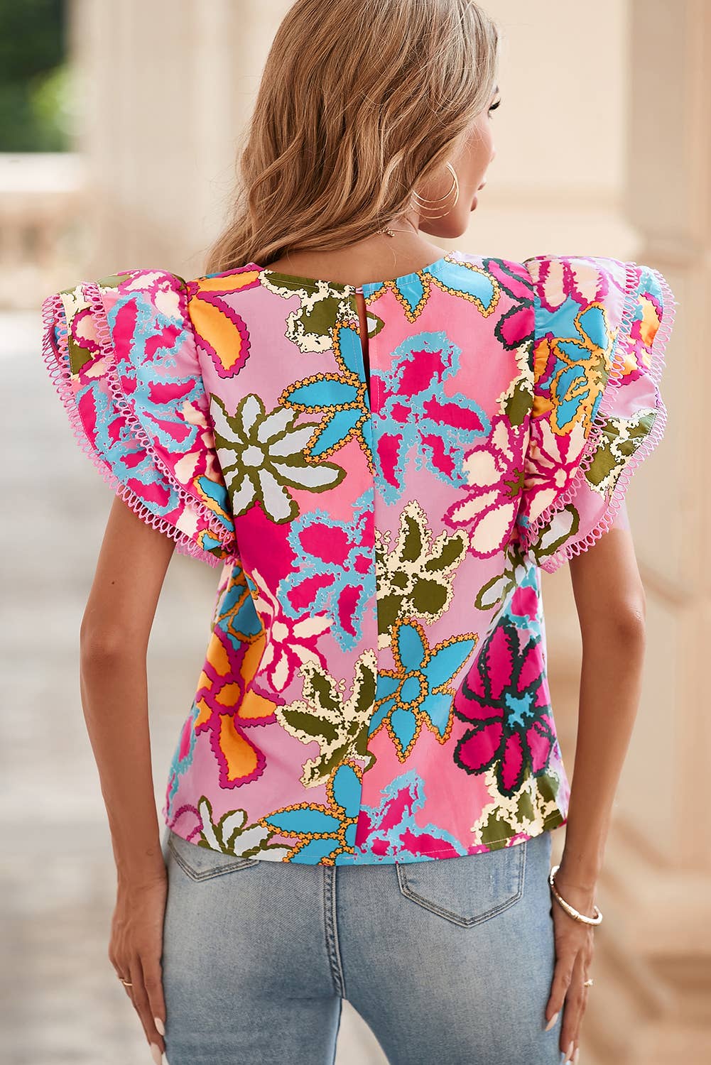 Multicolor Vibrant Floral Ruffle Sleeve Blouse