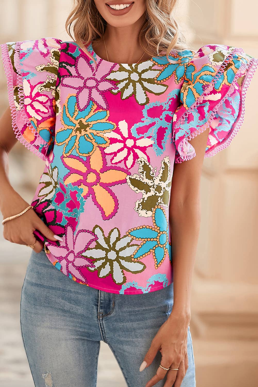 Multicolor Vibrant Floral Ruffle Sleeve Blouse