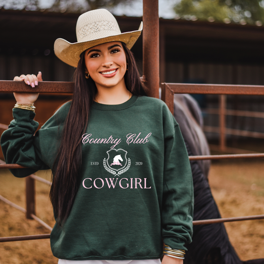 Country Club Cowgirl Crewneck, Preppy Pink Horse, Western