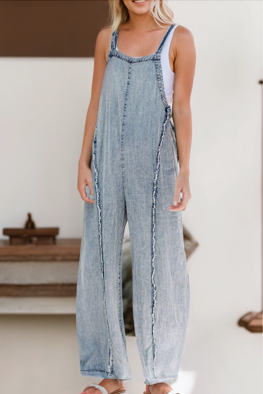 Light Wash Frayed Exposed Seam Wide Leg Denim Overall