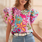 Multicolor Vibrant Floral Ruffle Sleeve Blouse