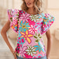 Multicolor Vibrant Floral Ruffle Sleeve Blouse