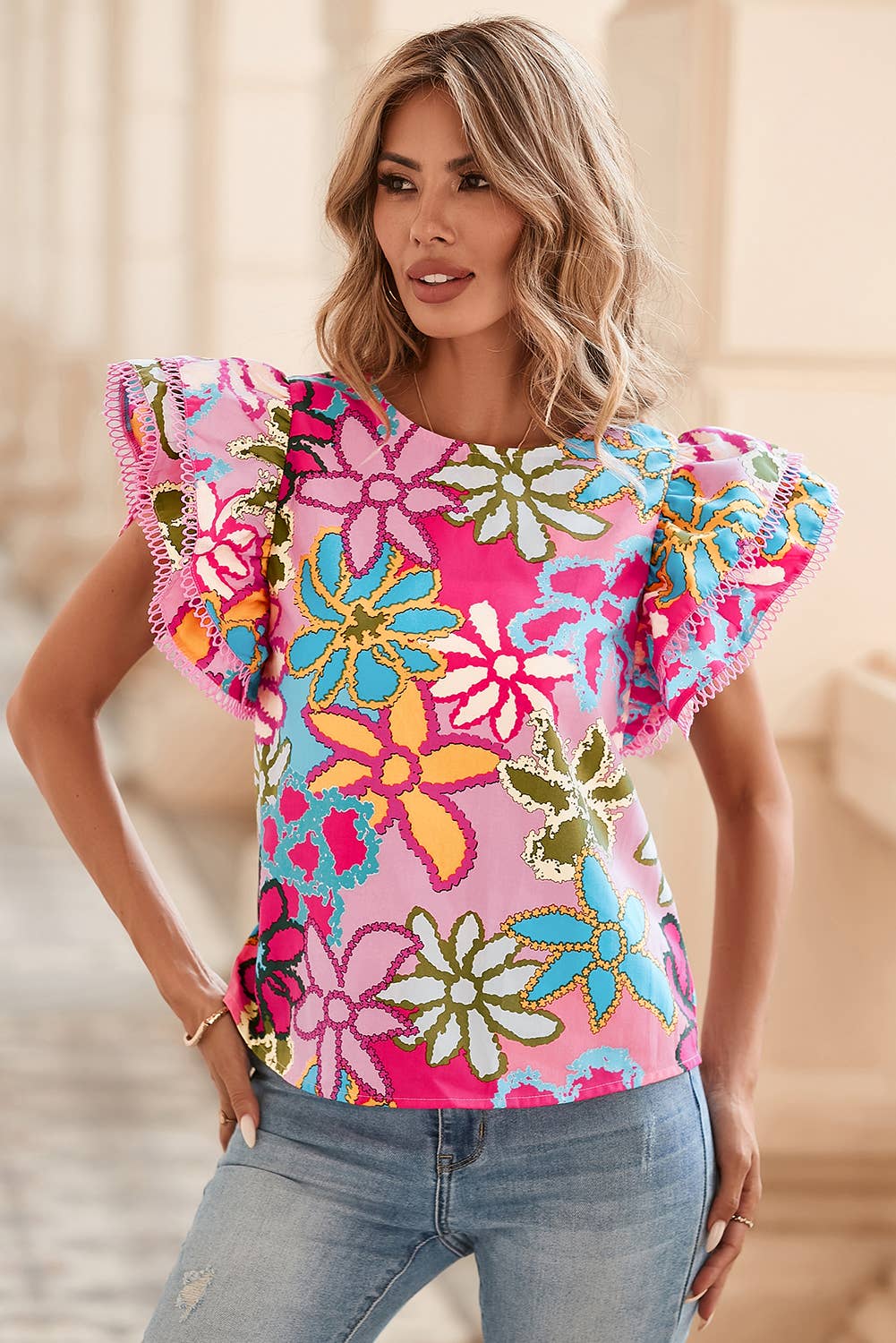 Multicolor Vibrant Floral Ruffle Sleeve Blouse